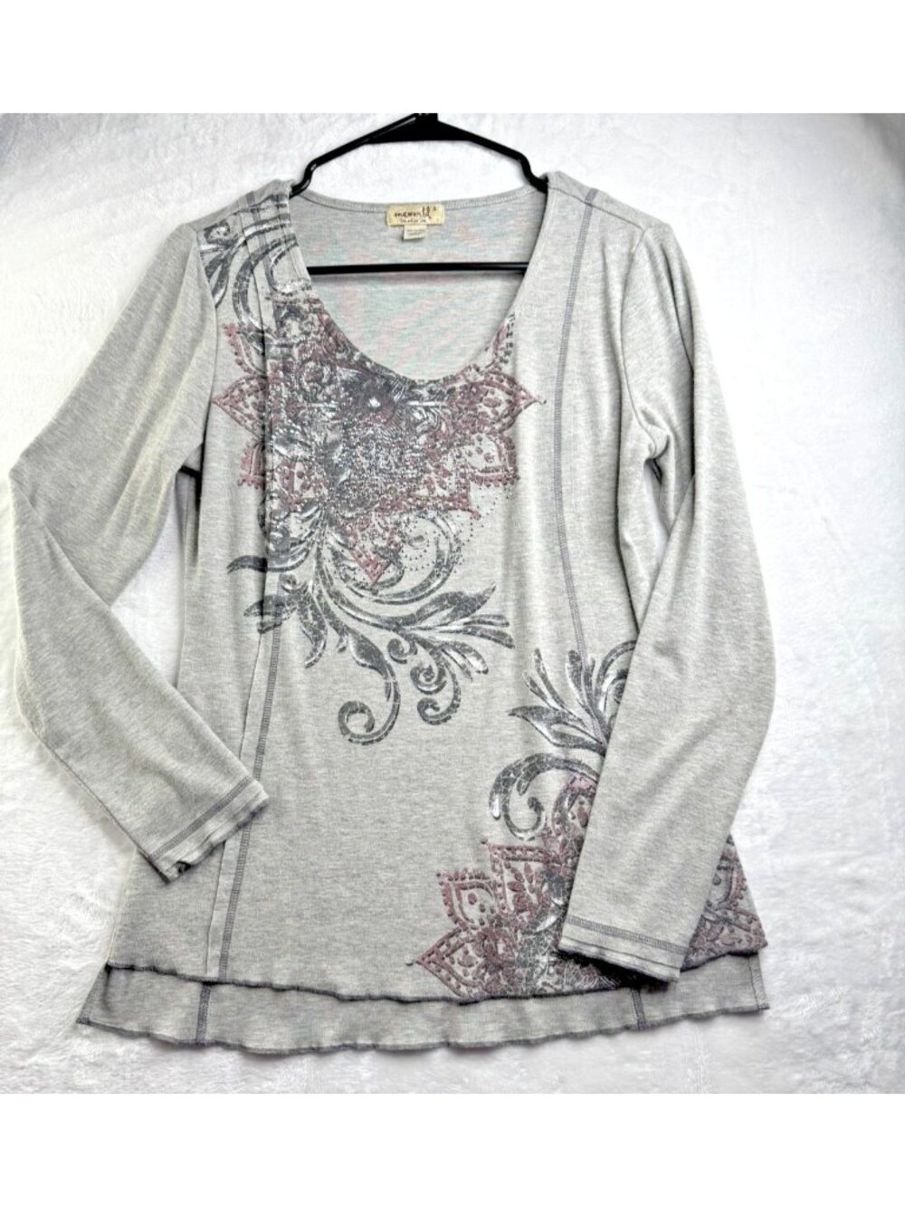 One World Size S Womens Tunic Top Scoop Neck Long Sleeve Grey Bling